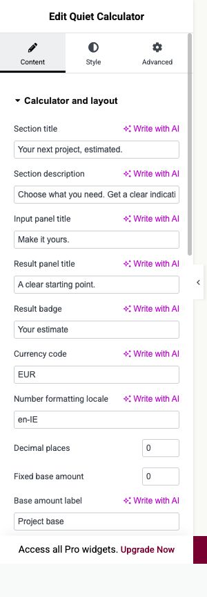 Elementor settings: Content → Calculator and layout