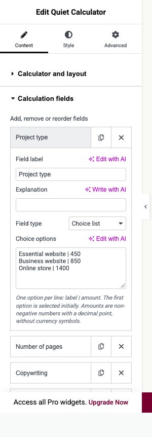 Elementor settings: Content → Calculation fields
