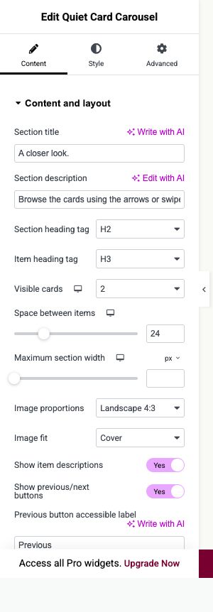 Elementor settings: Content → Content and layout