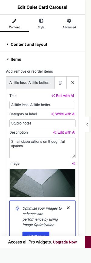 Elementor settings: Content → Items