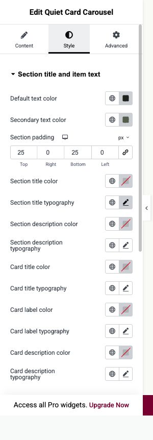 Elementor settings: Style → Section title and item text; Cards and images