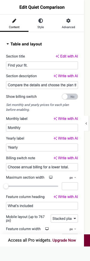 Elementor settings: Content → Table and layout
