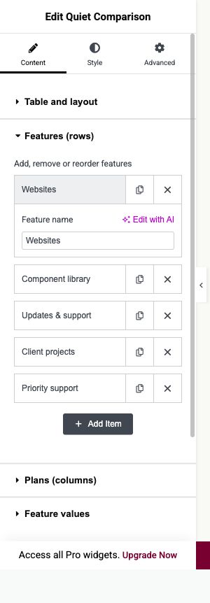 Elementor settings: Content → Features (rows), Plans (columns), Feature values