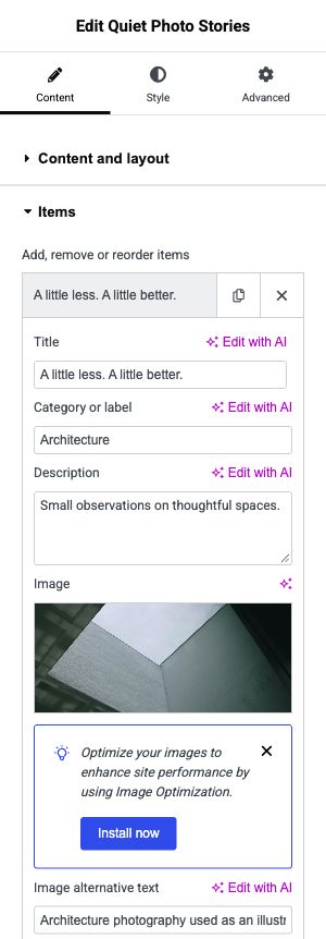Expand Items and open a photograph to edit its title, category, description, image and alternative text.