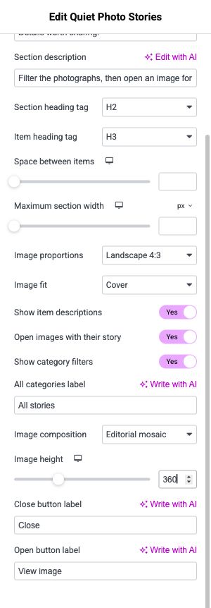 Content and layout includes Image composition, Image height and the device icon for responsive values.