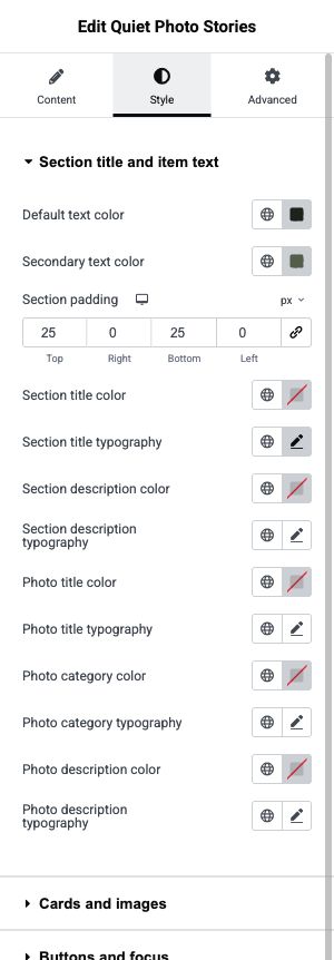 Style shows named typography controls for the section title, section description, photo title, category and description.