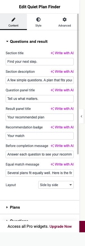 Elementor settings: Content → Questions and result