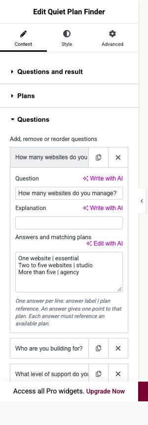 Elementor settings: Content → Plans and Questions