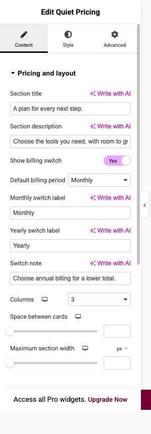 Elementor settings: Content → Pricing and layout