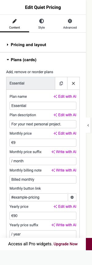 Elementor settings: Content → Plans (cards)