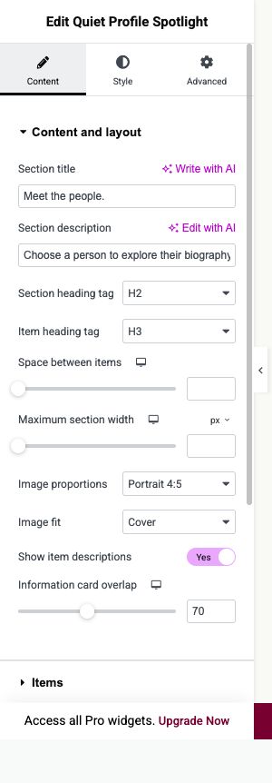 Elementor settings: Content → Content and layout