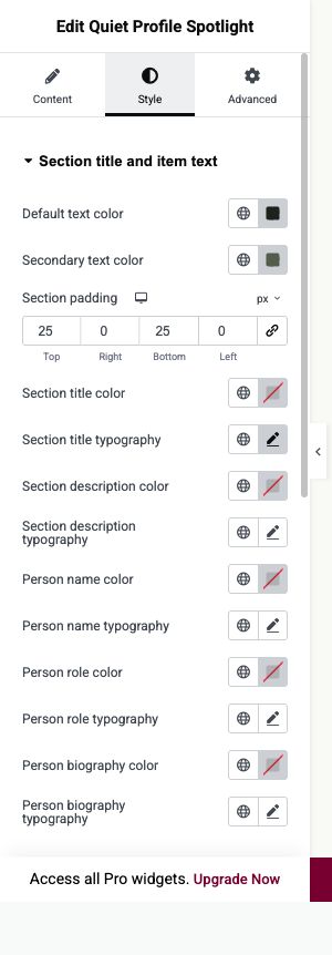 Elementor settings: Style → Section title and item text; Selectors and lightbox text