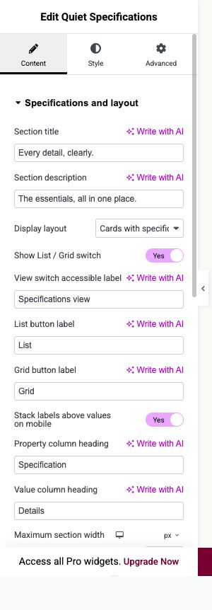 Elementor settings: Content → Specifications and layout