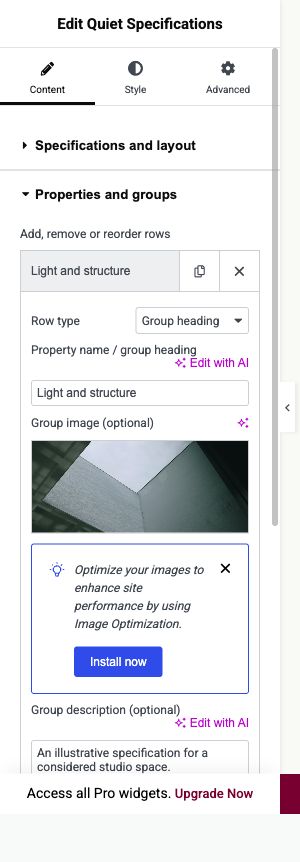 Elementor settings: Content → Properties and groups