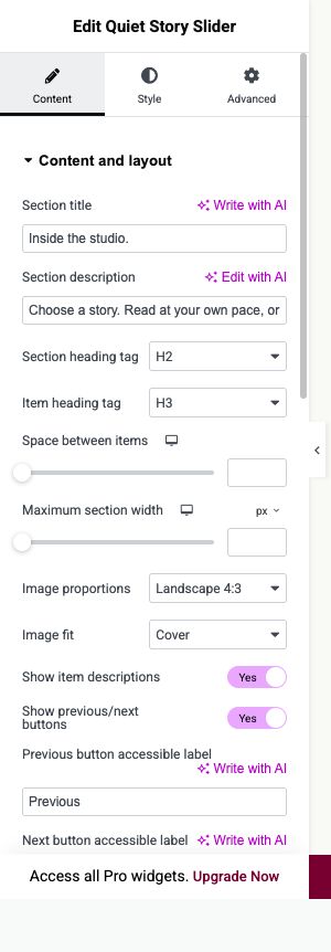 Elementor settings: Content → Content and layout