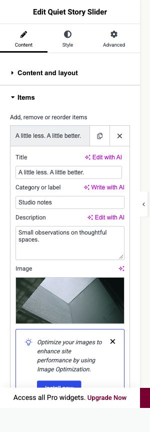 Elementor settings: Content → Items