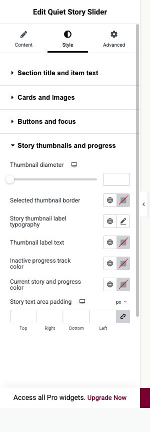 Elementor settings: Style → Story thumbnails and progress