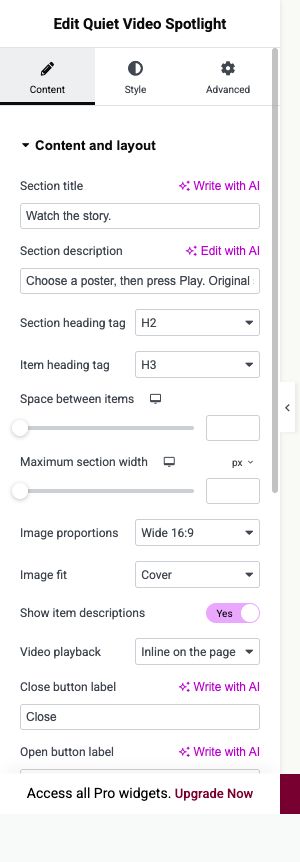 Elementor settings: Content → Content and layout
