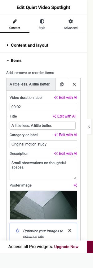 Elementor settings: Content → Items
