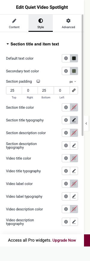 Elementor settings: Style → Section title and item text; Selectors and lightbox text